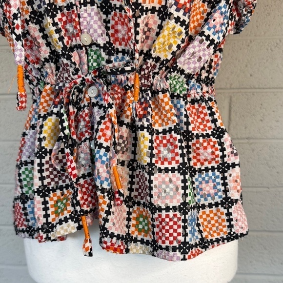 Maeve Ruffled Tie Waist Blouse in Colorful Granny-Square Eyelet Print, S - Picture 5 of 16